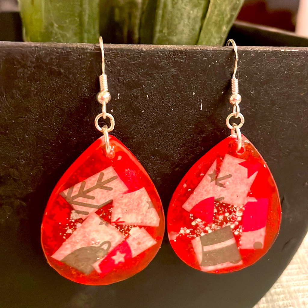 Xmas Handmade Festive Medium Holiday Earrings Red Teardrop